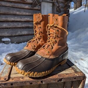 LL Bean Vintage Duck Boots. Tan and Brown. Made in Maine USA. Used Men's Size 10